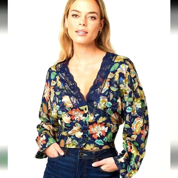 Buffalo David Bitton Lace Trim Raquel Botanical Blouse - Picture 1 of 10